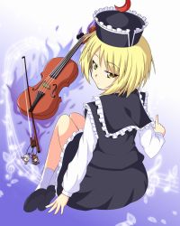 Rule 34 | 1girl, arm up, aura, beamed quavers, blonde hair, blue background, bow (music), character doll, crescent, expressionless, gradient background, hat, highres, index finger raised, instrument, keyboard (instrument), knees up, long sleeves, looking at viewer, looking back, lunasa prismriver, lyrica prismriver, md5 mismatch, merlin prismriver, musical note, petals, quaver, short hair, sitting, skirt, skirt set, solo, staff (music), touhou, treble clef, trumpet, utakata (azaka00), violin, yellow eyes