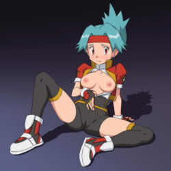 Rule 34 | 1girl, arm support, blush, breasts, breasts out, cameltoe, closed mouth, commentary request, creatures (company), cropped jacket, embarrassed, eyelashes, fingerless gloves, flipped hair, full body, game freak, gloves, green hair, headband, highres, jacket, leaning back, legs, legs apart, looking at viewer, medium breasts, miraa (chikurin), nintendo, nipples, open clothes, pokemon, pokemon ranger, pokemon ranger 1, ponytail, red eyes, red headband, red jacket, shoes, short sleeves, sitting, skin tight, solana (pokemon), solo, spread legs, sweat, thighhighs