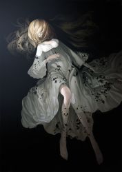 Rule 34 | 1girl, barefoot, blonde hair, blood, blood in hair, cinkai, corpse, darkness, dress, highres, long hair, long sleeves, original, partially submerged, solo, very long hair, water, white dress, wide sleeves