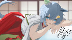 Rule 34 | 2024, absurdres, animal ears, blue eyes, blurry, blurry background, blush, commentary request, crossed arms, ear covers, grey hair, hair ornament, hairclip, hakama, happy new year, highres, horse ears, horse girl, horse tail, indoors, japanese clothes, kirameki (rikukaikuu), looking at viewer, lying, miko, new year, on stomach, pillow, seiun sky (umamusume), short hair, single ear cover, tail, tatami, umamusume