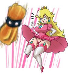 Rule 34 | 1boy, 1girl, :o, blonde hair, blue eyes, border, bowser, bracelet, breasts, brooch, clenched hand, clothes lift, constricted pupils, covered navel, crown, curvy, dress, dress lift, earrings, elbow gloves, eyelashes, food print, full body, garter straps, gloves, hand up, high heels, highleg, highleg panties, impossible clothes, impossible dress, jewelry, large breasts, legs, lips, long hair, looking down, mario (series), motion lines, mrkashkiet, mushroom print, narrow waist, nintendo, notice lines, open mouth, out of frame, panties, pink background, pink dress, pink footwear, pink lips, pink panties, pink thighhighs, princess, princess peach, puffy short sleeves, puffy sleeves, short sleeves, solo focus, spiked bracelet, spikes, star (symbol), star print, super mario bros. 1, surprised, thick thighs, thighhighs, thighs, underwear, upskirt, very long hair, white background, white border, white gloves, white thighhighs, wide hips, wind, wind lift