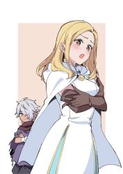 Rule 34 | 1boy, 1girl, artist request, blonde hair, blush, bracelet, cloak, dress, gloves, hair over one eye, hat, jewelry, long hair, looking at viewer, necklace, octopath traveler, octopath traveler i, open mouth, ophilia (octopath traveler), scarf, short hair, simple background, smile, therion (octopath traveler), white hair