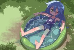 Rule 34 | 1girl, :3, ahoge, armpits, bare shoulders, barefoot, blue hair, blue one-piece swimsuit, blue school swimsuit, blush, closed mouth, collarbone, commentary, day, dot nose, flat chest, foliage, full body, gluteal fold, grass, green eyes, hair between eyes, in water, izumi konata, long hair, looking at viewer, lucky star, mixed-language commentary, mole, mole under eye, old school swimsuit, one-piece swimsuit, one eye closed, orenji (wholesomeorenji), outdoors, school swimsuit, solo, straight hair, swimsuit, very long hair, wading pool