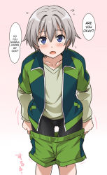 Rule 34 | 10s, 1boy, bike shorts, blue eyes, blush, clothes pull, collarbone, commentary request, daijoubu? oppai momu?, flying sweatdrops, gradient background, gym shorts, hair between eyes, hard-translated, jacket, leaning forward, looking at viewer, male focus, open clothes, open jacket, open mouth, pink background, pulling own clothes, short hair, shorts, shorts pull, silver hair, solo, third-party edit, totsuka saika, track jacket, translated, trap, yahari ore no seishun lovecome wa machigatteiru., youkan