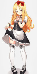Rule 34 | 10s, 1girl, alternate costume, apron, asya, black footwear, black ribbon, black skirt, blonde hair, bow, breasts, bridal garter, brown eyes, clothes lift, corset, dress, enmaided, eromanga sensei, frilled dress, frills, grey background, hair bow, highres, lifted by self, light smile, long hair, looking at viewer, maid, mary janes, medium breasts, miniskirt, neck ribbon, pigeon-toed, pointy ears, puffy short sleeves, puffy sleeves, ribbon, shoes, short sleeves, simple background, skirt, skirt lift, solo, standing, thighhighs, white thighhighs, wrist cuffs, yamada elf