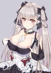 Rule 34 | 1girl, azur lane, between breasts, black dress, blush, breasts, cleavage, collarbone, dress, earrings, formidable (azur lane), frilled dress, frills, grey background, grey hair, hair ribbon, highres, jewelry, large breasts, long hair, looking at viewer, md5 mismatch, muka tsuku, red eyes, resolution mismatch, ribbon, simple background, smile, solo, source larger, twintails, two-tone dress, two-tone ribbon