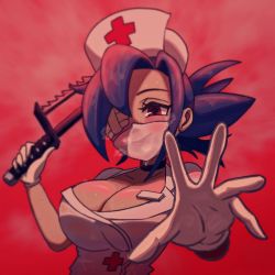 Rule 34 | 1girl, blue hair, blush, bonesaw, breasts, cleavage, gloves, hat, highres, large breasts, latex, latex gloves, mask, mouth mask, name tag, nurse cap, open mouth, ponytail, rank alee, red background, red eyes, saw, skullgirls, smile, solo, steam, surgical mask, sweat, upper body, valentine (skullgirls)