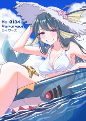 Rule 34 | 1girl, arm up, bare arms, bare legs, bare shoulders, bikini, blue hair, blue sky, breasts, character name, cloud, collarbone, commentary, creatures (company), day, dutch angle, fins, flower, game freak, gen 1 pokemon, gen 3 pokemon, grin, hair between eyes, hand on headwear, hat, hat flower, head fins, highres, innertube, large breasts, light blush, long hair, looking at viewer, minori 13101, mole, mole on breast, mole under eye, nintendo, outdoors, personification, pokemon, purple eyes, sharpedo, sky, smile, solo, staryu, sun hat, swim ring, swimsuit, tail, vaporeon, water, white bikini, white hat