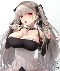 Rule 34 | 1girl, azur lane, bare shoulders, between breasts, black dress, blush, breasts, cleavage, commentary request, cowboy shot, dated, dress, earrings, formidable (azur lane), frilled dress, frills, grey hair, hair ribbon, hands up, highres, jewelry, large breasts, long hair, long sleeves, looking at viewer, red eyes, ribbon, signature, solo, toyosaki shu, twintails, two-tone dress, very long hair