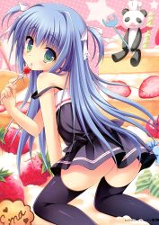 Rule 34 | 1girl, :o, absurdres, all fours, black dress, black thighhighs, blue hair, cake, candle, candy, candy wrapper, chef hat, cherry, dress, food, fork, fruit, green eyes, hair ribbon, hat, highres, kurano ema, kurano kun chi no futago jijou, long hair, looking back, oversized object, ribbon, scan, solo, strap slip, strawberry, stuffed animal, stuffed panda, stuffed toy, thighhighs, toranosuke, two side up, very long hair, wrapped candy