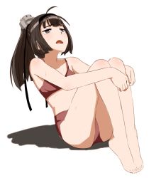 Rule 34 | 10s, 1girl, ahoge, akizuki (kancolle), bad id, bad twitter id, barefoot, bikini, black hair, blush, body blush, collarbone, d:, full body, grey eyes, hair ornament, hairband, hugging own legs, kantai collection, leaning back, legs together, long hair, looking up, ojipon, open mouth, ponytail, red bikini, shadow, simple background, sitting, solo, sweat, swimsuit, white background