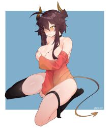 Rule 34 | 1girl, ahoge, arm between legs, asymmetrical legwear, black choker, black thighhighs, blue background, blush, border, breasts, breasts out, brown hair, choker, cleavage, closed mouth, clothes pull, collarbone, commission, covering privates, covering breasts, covering crotch, dress, dress pull, full body, highres, horns, kneehighs, large breasts, long sleeves, mole, mole on breast, nose blush, off-shoulder dress, off shoulder, original, outside border, pixiv commission, short hair with long locks, sidelocks, simple background, single kneehigh, single sock, single thighhigh, sitting, socks, solo, tail, thigh strap, thighhighs, tilt-shift (azalanz), wariza, white border, yellow eyes