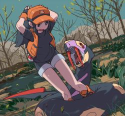 Rule 34 | 1girl, american dog wo, arms up, baseball cap, black eyes, black gloves, black hair, black shirt, black shorts, boots, breasts, bright pupils, creatures (company), cross-laced footwear, dutch angle, fingerless gloves, game freak, gen 3 pokemon, gloves, grass, hat, lace-up boots, long hair, looking down, medium breasts, nintendo, npc trainer, open clothes, open mouth, open vest, orange footwear, orange hat, orange vest, outdoors, pokemon, pokemon (creature), pokemon oras, pokemon ranger (pokemon), ponytail, seviper, shirt, short sleeves, shorts, standing, thigh gap, tree, vest, water, white pupils