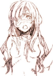 Rule 34 | 1girl, arisaka ako, bad id, bad pixiv id, bandages, bandage over one eye, breasts, brown hair, long hair, looking at viewer, monochrome, open mouth, original, scar, small breasts, solo, tears