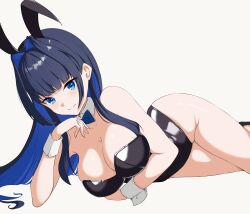 Rule 34 | 1girl, absurdres, animal ears, arms under breasts, black hair, black leotard, blue hair, breasts, cleavage, colored inner hair, detached collar, fake animal ears, hair intakes, highres, hip focus, hololive, hololive english, large breasts, leotard, long hair, looking at viewer, multicolored hair, non-web source, ouro kronii, playboy bunny, rabbit ears, self-upload, strapless, strapless leotard, thighs, virtual youtuber, white wrist cuffs, wrist cuffs, zeropen