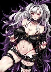 Rule 34 | 1girl, absurdres, albino, alter ego malevolent (granblue fantasy), alternate costume, alternate eye color, alternate hair color, areola slip, bare shoulders, black background, black camisole, black choker, black hairband, black jacket, black neckwear, black shorts, braid, breasts, camisole, chain, choker, cleavage, commentary request, crop top, dark persona, dutch angle, empty eyes, eyelashes, eyeliner, eyeshadow, feet out of frame, fingernails, fishnet thighhighs, fishnets, frills, g-string, gggg, granblue fantasy, grey hair, hairband, highleg, highleg panties, highres, jacket, pussy, large breasts, long fingernails, long hair, long sleeves, looking at viewer, makeup, micro shorts, mons pubis, navel, navel piercing, off shoulder, open mouth, pale skin, panties, panty straps, panty tug, pantyhose, parted bangs, piercing, red eyes, red panties, sharp fingernails, shiny skin, shorts, sidelocks, single thighhigh, skindentation, smile, solo, spaghetti strap, standing, stomach, thigh strap, thighhighs, thong, tongue, tongue out, twintails, underwear, wristband, zeta (granblue fantasy)