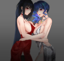 Rule 34 | 2girls, azur lane, backless dress, backless outfit, bare shoulders, black hair, blue hair, breast press, breasts, choker, cleavage, cocktail dress, dress, evening gown, from side, grey background, grey dress, hair between eyes, halter dress, halterneck, highres, holding person, jewelry, large breasts, long hair, looking at viewer, multiple girls, necklace, official alternate costume, pink eyes, plunging neckline, red choker, red dress, red eyes, revealing clothes, rup4jp6jp6, side ponytail, side slit, sidelocks, silver dress, smile, st. louis (azur lane), st. louis (luxurious wheels) (azur lane), symmetrical docking, taihou (azur lane), taihou (forbidden feast) (azur lane), very long hair