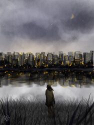 Rule 34 | 1girl, artist logo, cityscape, coat, commentary, crescent, floating hair, from behind, grass, night, night sky, original, reflection, shihon08696431, sky, solo, standing, star (sky), water