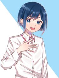 Rule 34 | 1boy, blue background, blue eyes, blue hair, collared shirt, hand on own chest, isuzugawa chihiro, kai 8 112, long sleeves, looking at viewer, male focus, multicolored background, open mouth, shirt, smile, solo, teeth, uniteup!, white background, white shirt