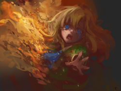 Rule 34 | 1girl, blonde hair, blue eyes, charimei, dress, fire, ib (kouri), long hair, mary (ib), outstretched arm, outstretched hand, reaching, screaming, solo, spoilers, tears