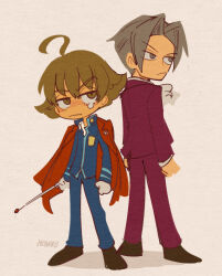 Rule 34 | 2boys, ace attorney, ace attorney investigations, ace attorney investigations 2, ahoge, brown eyes, brown hair, chibi, closed mouth, flipped hair, formal, gloves, grey hair, hair intakes, holding, ichiyanagi yumihiko, jacket, jacket on shoulders, long sleeves, looking at another, looking away, male focus, miles edgeworth, multiple boys, nono (norabi), pants, red jacket, red pants, school uniform, shirt, short hair, simple background, tears, white gloves