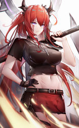 Rule 34 | 1girl, absurdres, arknights, bad id, bad pixiv id, binggong asylum, breasts, chinese commentary, commentary request, cowboy shot, crop top, groin, highres, horns, long hair, medium breasts, midriff, miniskirt, navel, official alternate costume, purple eyes, red hair, red skirt, simple background, skirt, solo, standing, stomach, surtr (arknights), surtr (liberte echec) (arknights), very long hair, white background
