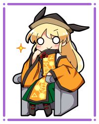 Rule 34 | 1girl, black footwear, blonde hair, blush, boots, brown hat, cape, chair, closed mouth, constellation, constellation print, detached sleeves, green skirt, hair between eyes, hand on own face, hand up, hat, highres, kazeha (starrysky), long hair, long sleeves, looking to the side, matara okina, orange cape, orange tabard, shirt, simple background, sitting, skirt, smile, solo, star (symbol), tabard, touhou, white background, white eyes, white shirt, wide sleeves