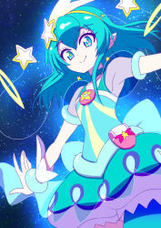 Rule 34 | 1girl, aqua choker, aqua dress, aqua eyes, aqua hair, aqua pantyhose, blue background, blue bracelet, cure milky, dress, earrings, hagoromo lala, hair between eyes, hair ornament, hairband, jewelry, looking at viewer, magical girl, medium hair, outstretched arms, pantyhose, pointy ears, pouch, precure, puffy short sleeves, puffy sleeves, see-through, see-through sleeves, short sleeves, single leg pantyhose, smile, solo, star (sky), star (symbol), star earrings, star hair ornament, star twinkle precure, starry background, yellow hairband, zerolay