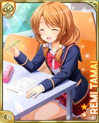 Rule 34 | 1girl, :d, blazer, blue jacket, bow, bowtie, brown eyes, brown hair, card (medium), chair, day, closed eyes, girlfriend (kari), jacket, looking at viewer, low twintails, official art, open clothes, open jacket, open mouth, plaid, plaid skirt, pleated skirt, qp:flapper, red bow, red skirt, school, school uniform, shirt, sitting, skirt, smile, socks, solo, table, tagme, tamai remi, twintails, white shirt