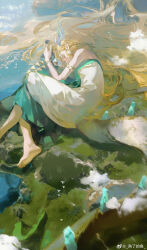 Rule 34 | 1girl, absurdres, antlers, armlet, bare shoulders, barefoot, blonde hair, blue horns, bracelet, closed eyes, cloud, covered mouth, day, dragon tail, dress, earrings, eyelashes, fetal position, foot out of frame, forehead jewel, from above, giant, giantess, hair spread out, highres, horns, jewelry, light dragon (zelda), long hair, lying, mountain, nature, nintendo, ocean, on ground, on side, outdoors, princess zelda, profile, shore, shule de yu, sleeping, soles, solo, strapless, strapless dress, tail, the legend of zelda, the legend of zelda: tears of the kingdom, very long hair, weibo logo, weibo watermark, white dress