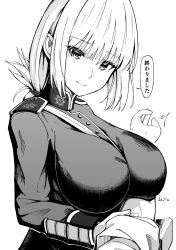 Rule 34 | 1girl, absurdres, between breasts, breasts, fate/grand order, fate (series), florence nightingale (fate), fujimaru ritsuka (male), fukuidesu0110, gloves, greyscale, highres, large breasts, long hair, monochrome, pov, pov hands, smile, strap between breasts, white background