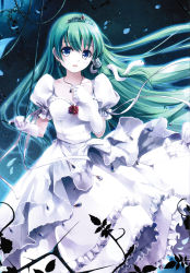 Rule 34 | 1girl, blue eyes, breasts, cropped, dress, earrings, female focus, flower, gloves, green hair, hair ornament, highres, jewelry, jpeg artifacts, kochiya sanae, long hair, medium breasts, miyase mahiro, necklace, non-web source, open mouth, pendant, petals, plant, puffy short sleeves, puffy sleeves, rose, scan, short sleeves, snake hair ornament, solo, tiara, touhou, vines, wedding dress, white dress