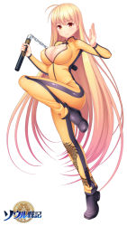 Rule 34 | 1girl, ahoge, amasa-hikae, ankle boots, antenna hair, black footwear, bodysuit, boots, breasts, cleavage, cleavage cutout, closed mouth, clothing cutout, dragon print, gradient hair, holding, holding nunchaku, holding weapon, large breasts, leg up, long hair, long sleeves, looking at viewer, multicolored hair, nunchaku, official art, original, pink hair, red eyes, shiny skin, simple background, skin tight, smile, solo, standing, straight hair, tareme, very long hair, weapon, white background, yellow bodysuit, yellow eyes