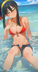 Rule 34 | 1girl, absurdres, alternate hairstyle, amepa (ame pinecandy), bare shoulders, bikini, bikini under clothes, bikini under shorts, black hair, breasts, carmine (pokemon), cleavage, close-up, collarbone, commentary request, creatures (company), crossed bangs, denim, denim shorts, game freak, hair between eyes, hair up, hairband, halterneck, head tilt, highres, large breasts, long hair, looking at viewer, mole, mole under eye, multicolored hair, navel, nintendo, no shirt, ocean, outdoors, partially submerged, pokemon, pokemon sv, short shorts, shorts, solo, string bikini, swimsuit, two-tone hair, water, yellow eyes, yellow hairband
