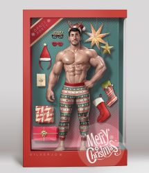 Rule 34 | 1boy, abs, antlers, bara, box, christmas, facial hair, full body, gift, gift box, hand on own hip, hat, highres, horns, large pectorals, looking at viewer, male focus, merry christmas, muscular, muscular male, navel, nipples, original, pants, pectorals, red nose, reindeer antlers, santa costume, santa hat, short hair, silverjow, socks, solo, stubble, thick thighs, thighs, tight clothes, tight pants, topless male, unworn eyewear, veins