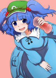 Rule 34 | 1girl, :d, artificial vagina, blue dress, blue hair, blunt bangs, blush, dress, green headwear, hair bobbles, hair ornament, hand up, itou yuuji, kawashiro nitori, long sleeves, looking at viewer, open mouth, pink background, purple eyes, sex toy, simple background, smile, solo, touhou, two side up