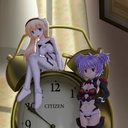 Rule 34 | 10s, 2girls, alarm clock, altines, arnval, bare shoulders, blonde hair, blue eyes, breasts, busou shinki, cleavage, clock, curtains, dark, doll joints, hand on own hip, headband, indoors, joints, long hair, looking at viewer, midriff, mini person, minigirl, multiple girls, mushoku no hourousha, navel, open mouth, purple hair, red eyes, short hair, short twintails, sitting, smile, thighhighs, twintails