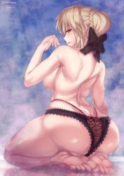 Rule 34 | 1girl, alternate breast size, artoria pendragon (all), artoria pendragon (fate), ass, black panties, blue sky, breasts, butt crack, fate/grand order, fate (series), feet, frilled panties, frills, highres, hirasawa seiji, kneeling, large breasts, licking, licking finger, looking back, panties, platinum blonde hair, saber alter, saliva, saliva trail, seiza, sitting, sky, soles, solo, thighs, toes, topless, twitter username, underwear, yellow eyes