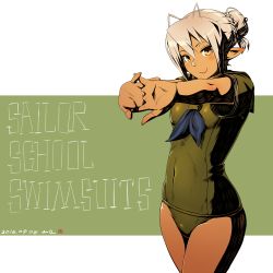 Rule 34 | 1girl, absurdres, covered navel, dark skin, dark-skinned female, english text, highres, looking at viewer, one-piece swimsuit, outstretched arms, pointy ears, sansei muramasa, school swimsuit, silver hair, smile, solo, soukou akki muramasa, swimsuit, yan wan, yellow eyes