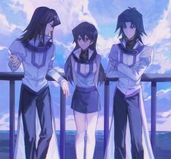 Rule 34 | 1girl, 2boys, against railing, arms behind back, bad id, bad lofter id, black pants, black shirt, black skirt, blue hair, blue sky, brown hair, closed eyes, cloud, cloudy sky, coat, crossed arms, day, duel academy uniform (yu-gi-oh! gx), elbow rest, grin, hand up, happy, high collar, highres, juliet sleeves, leaning back, light smile, long hair, long sleeves, looking at another, marufuji ryo, multiple boys, naoki (2rzmcaizerails6), ocean, outdoors, pants, puffy sleeves, railing, serious, shirt, skirt, sky, sleeveless, sleeveless jacket, smile, standing, tenjouin asuka, tenjouin fubuki, turtleneck, turtleneck shirt, upper body, white coat, yu-gi-oh!, yu-gi-oh! gx