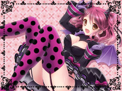 Rule 34 | 1girl, :d, bat wings, breasts, brown eyes, cheria barnes, cleavage, clenched hand, garter straps, gloves, horns, m/, miyato000, official alternate costume, open mouth, pink hair, polka dot, polka dot legwear, purple thighhighs, smile, solo, tales of (series), tales of graces, thighhighs, two side up, wings