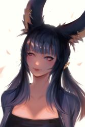Rule 34 | 1girl, animal ears, warrior of light (ff14), bad id, bad pixiv id, black hair, blush, brown eyes, commission, earrings, final fantasy, final fantasy xiv, gweni, jewelry, long hair, looking at viewer, petals, rabbit ears, smile, solo, upper body, viera, white background