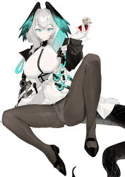 Rule 34 | 1girl, absurdres, arknights, black footwear, black jacket, black pantyhose, breasts, chibi, cup, fingerless gloves, flats, flying sweatdrops, gloves, green eyes, grey hair, hair between eyes, hand up, head wings, highres, ho&#039;olheyak (arknights), holding, holding cup, jacket, large breasts, long hair, long sleeves, looking at viewer, muelsyse (arknights), open clothes, open jacket, pantyhose, parted lips, red pupils, renxzd, shirt, simple background, sitting, smile, solo, spread legs, tail, white background, white gloves, white shirt, wings