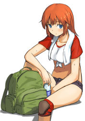 Rule 34 | 1girl, backpack, bag, blue eyes, bottle, breasts, charlotte e. yeager, front-tie top, knee pads, long hair, navel, orange hair, pocari sweat, shibasaki shouji, shorts, simple background, sitting, solo, strike witches, sweat, towel, towel around neck, water bottle, world witches series
