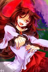 Rule 34 | &gt;:d, 1girl, :d, animal ears, brown hair, dress, fang, female focus, fingernails, frilled dress, frilled sleeves, frills, imaizumi kagerou, kutsuki kai, long hair, looking at viewer, open mouth, red eyes, sharp fingernails, smile, solo, touhou, tsurime, v-shaped eyebrows, very long hair, wide sleeves, wolf ears