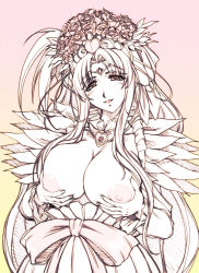 Rule 34 | 10s, 1girl, aphrodite (suite precure), grabbing another&#039;s breast, breast hold, breasts, eyelashes, flower, forehead jewel, grabbing, hair flower, hair ornament, hisahiko, huge breasts, large breasts, long hair, monochrome, nipples, precure, rose, solo, spot color, suite precure