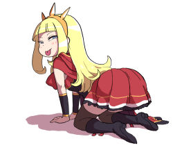 Rule 34 | 1girl, all fours, ass, blonde hair, blue eyes, cagliostro (granblue fantasy), circlet, granblue fantasy, long hair, looking back, shadow, solo, thighhighs, tongue, tongue out, white background, yoshino norihito
