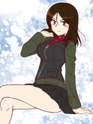 Rule 34 | 1girl, black hair, black skirt, black vest, blue eyes, closed mouth, commentary, crossed legs, girls und panzer, green jacket, hand in own hair, invisible chair, jacket, light blush, long hair, long sleeves, looking at viewer, military, military uniform, miniskirt, nonna (girls und panzer), one-hour drawing challenge, oosaka kanagawa, pleated skirt, pravda military uniform, red shirt, shirt, sitting, skirt, smile, solo, swept bangs, turtleneck, uniform, vest