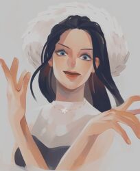 Rule 34 | 1girl, bad id, bad twitter id, black corset, black hair, blue eyes, close-up, commentary, corset, eyelashes, flower, forehead, grey background, hat, highres, korean commentary, long hair, looking at viewer, mulmulgogibbq, nico robin, one piece, open mouth, red lips, shirt, sidelocks, simple background, smile, solo, straw hat, white shirt