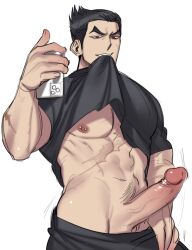 Rule 34 | 1boy, abs, alternate costume, bara, barbell piercing, black hair, bouncing penis, character request, clothes in mouth, clothes pull, erection, highres, holding, holding phone, large pectorals, large penis, league of legends, liliiliillj, looking at viewer, male focus, mature male, mismatched pupils, motion lines, mouth hold, muscular, muscular male, navel, nipples, pants, pants pull, pectorals, penis, phone, piercing, pulled by self, selfie, shirt in mouth, short hair, solo, thick eyebrows, underpec, unfinished, upside-down, veins, veiny penis